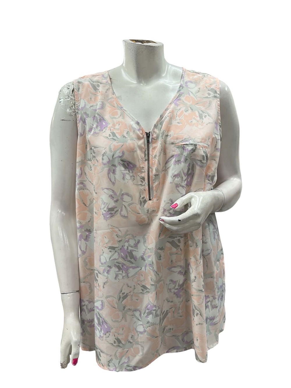 Penningtons Peach Floral Sleeveless Zip-Front Blouse Size 3X